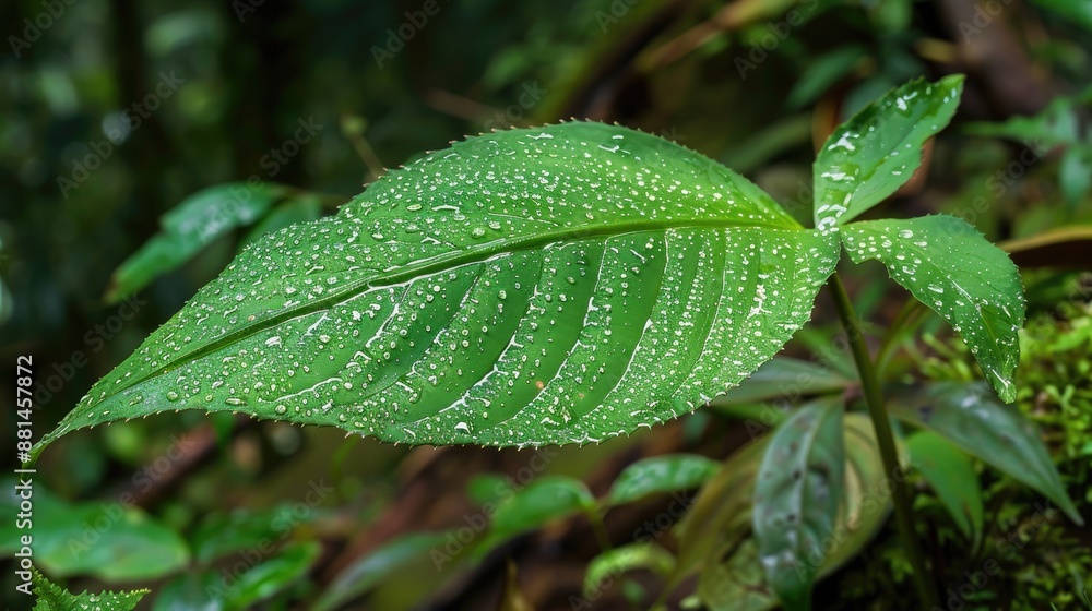 Wall mural detail of healthy xanthosoma nigrum plant leaf in rainforest for green design concept