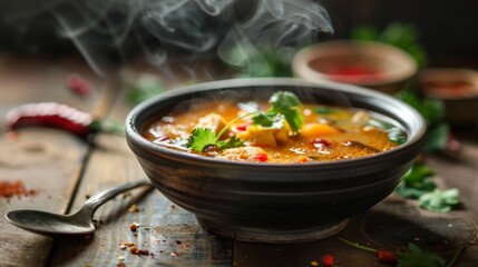 A bowl of Tom Yum Goong soup on a rustic wooden table, with a spoon resting on the edge and steam rising.