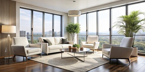 Fototapeta premium Modern home living room with white armchairs, sleek coffee table, and large window , interior design, contemporary