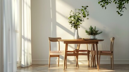 Home interior of dining room with wooden chair and table