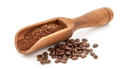 Wooden Coffee Scoop with Freshly Ground Coffee Beans on White Background