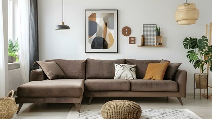 Cozy brown corner sofa with decorative elements