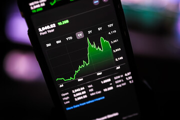 Share stock market going up, green chart on mobile phone. Business trading finance concept. Stock exchange market data view on smart phone screen