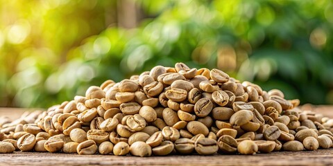 Pile of unroasted raw coffee beans in natural light background, coffee, beans, raw, unroasted, pile, natural light