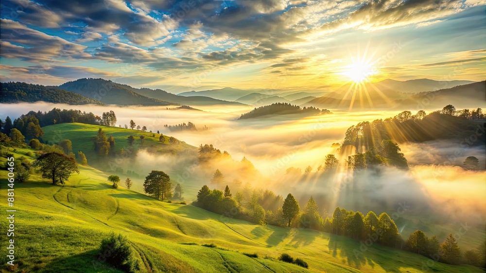 Canvas Prints Morning fog lifting from green valley with sun shining through , fog, morning, sunrise, valley, green, nature, beauty, sunlight