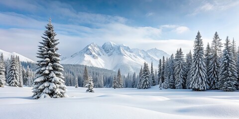 Minimalist snow-covered mountain landscape with pine trees and a serene white blanket of snow, Winter, Wonderland, Mountain