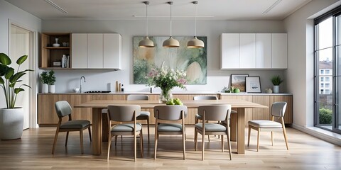 Fototapeta premium Minimalist Scandinavian kitchen with a large wooden table and chairs, a large artwork, and a vase of flowers