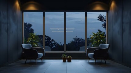 Dark waiting room interior with two armchairs