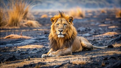 Obraz premium Lion lying in the black ash and cinders of a fire-burned savannah , lion, fire, burned, destroyed, savannah, animal, black