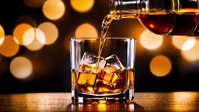 Whiskey pours into glass with ice for cooling on bokeh background