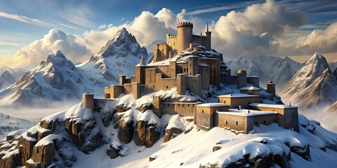 Medieval fortress nestled in rugged mountain terrain covered in deep snow, fortress, medieval, mountain, snow