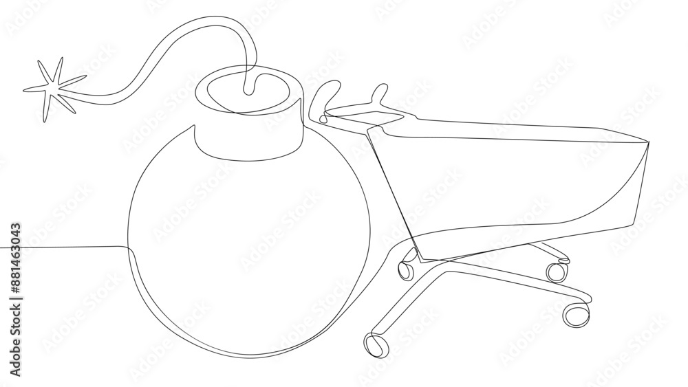 Poster one continuous line of shopping cart with bomb. thin line illustration vector concept. contour drawi