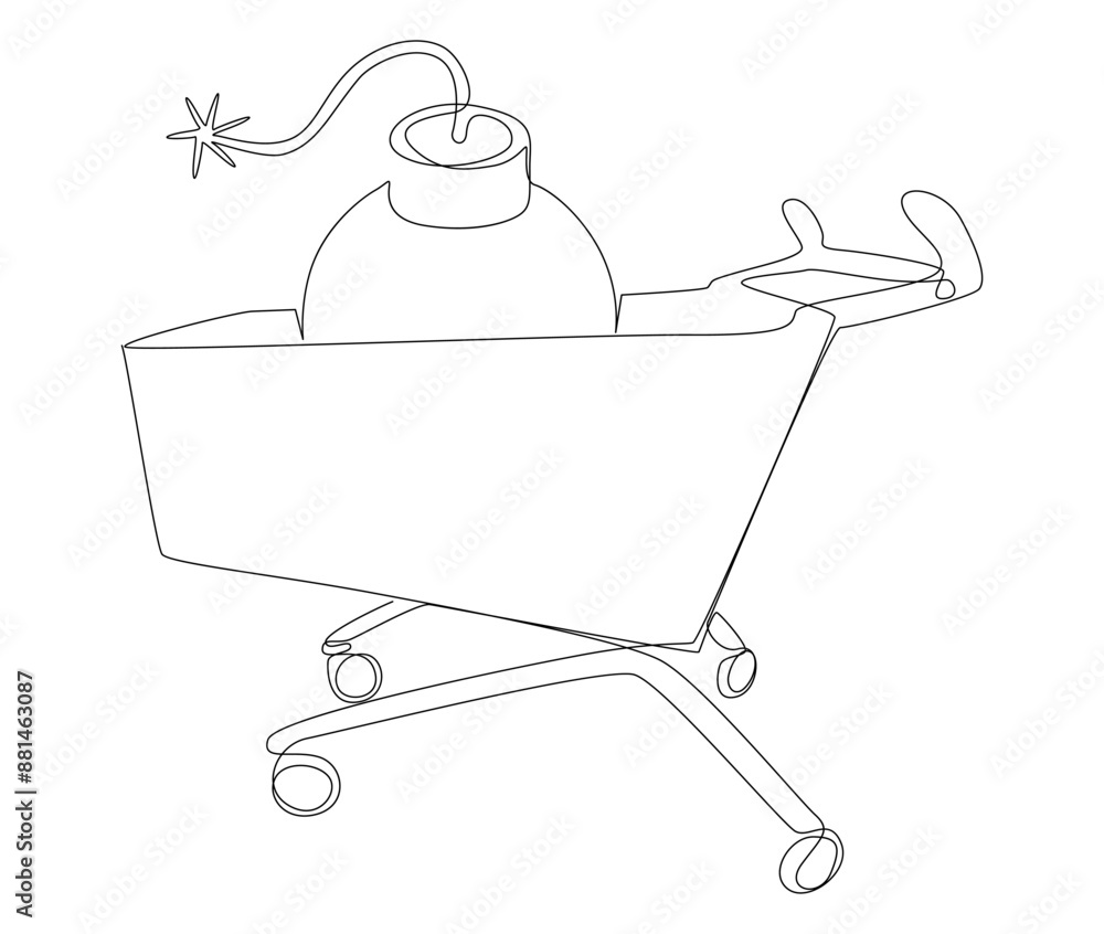 Poster one continuous line of shopping cart with bomb. thin line illustration vector concept. contour drawi