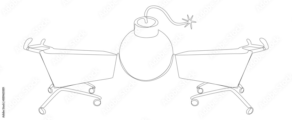 Poster one continuous line of shopping cart with bomb. thin line illustration vector concept. contour drawi
