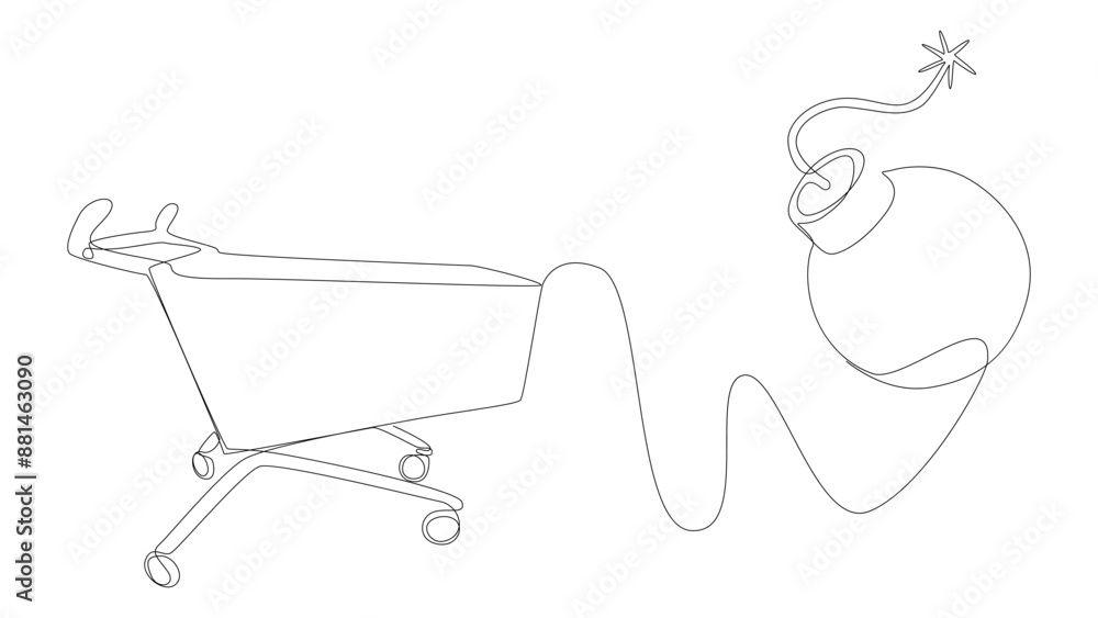 Poster one continuous line of shopping cart with bomb. thin line illustration vector concept. contour drawi
