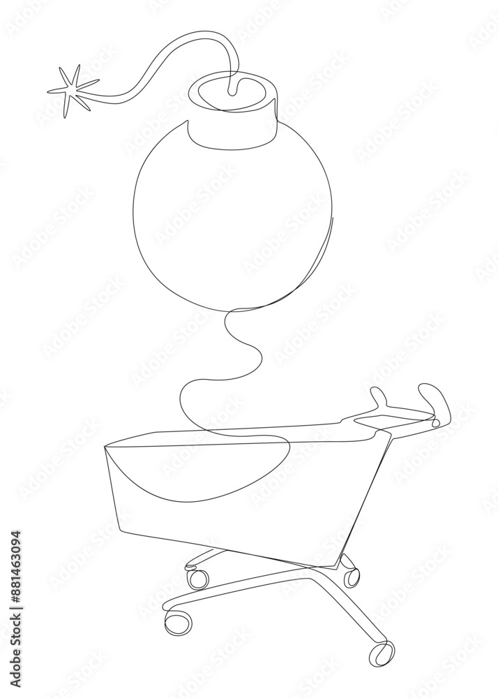 Poster one continuous line of shopping cart with bomb. thin line illustration vector concept. contour drawi