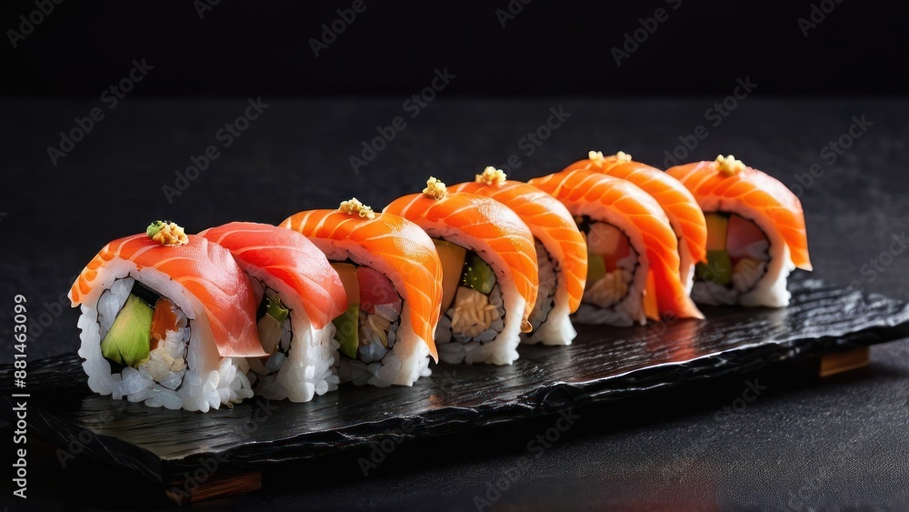 Wall mural a sushi roll with salmon and avocado on it