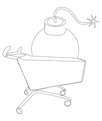 One continuous line of Shopping Cart with bomb. Thin Line Illustration vector concept. Contour Drawing Creative ideas.