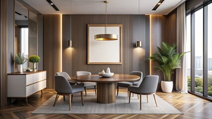 Luxurious apartment suite with modern dining room featuring a mockup poster frame and round table, luxury, apartment, comfortable