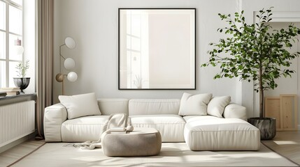 Bright living room interior with large window and white walls