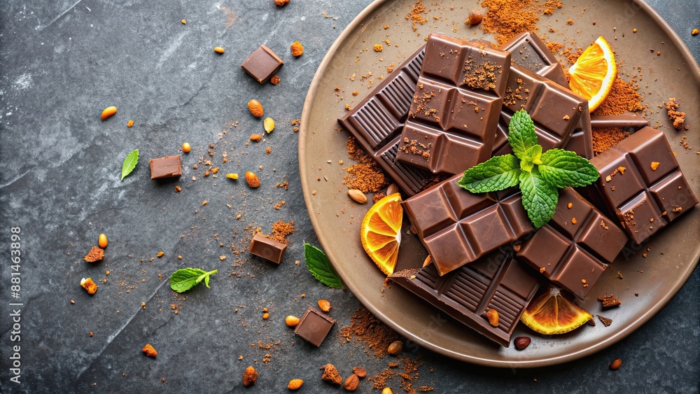 Wall mural Pieces of chocolate bar topped with orange mint flakes on a plain plate, chocolate, bar, orange, mint, flakes, candy, dessert