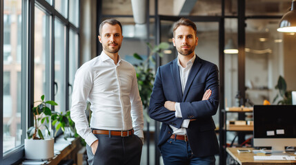 businessmen standing in modern office looking at camera, business partners meeting for a business deal 