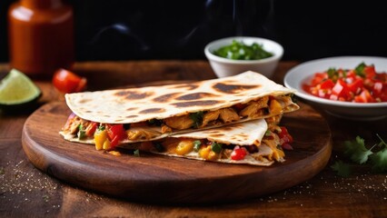 a tortilla with cheese and vegetables on a wooden board