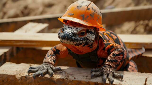 Gila Monster in a construction worker&rsquo;s outfit, building a house