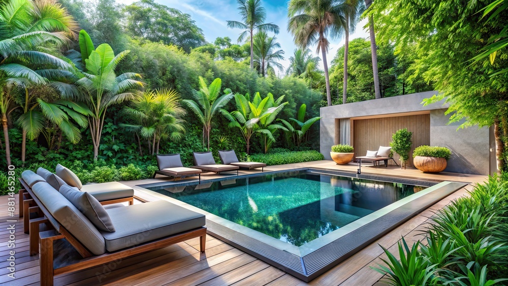 Poster Outdoor pool area with sleek modern furniture, surrounded by lush tropical garden with vibrant plants and trees , pool, outdoor