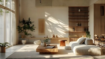 Modern interior design living room in Japandi style