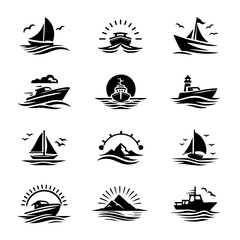 A set of boat and mountain logo silhouettes