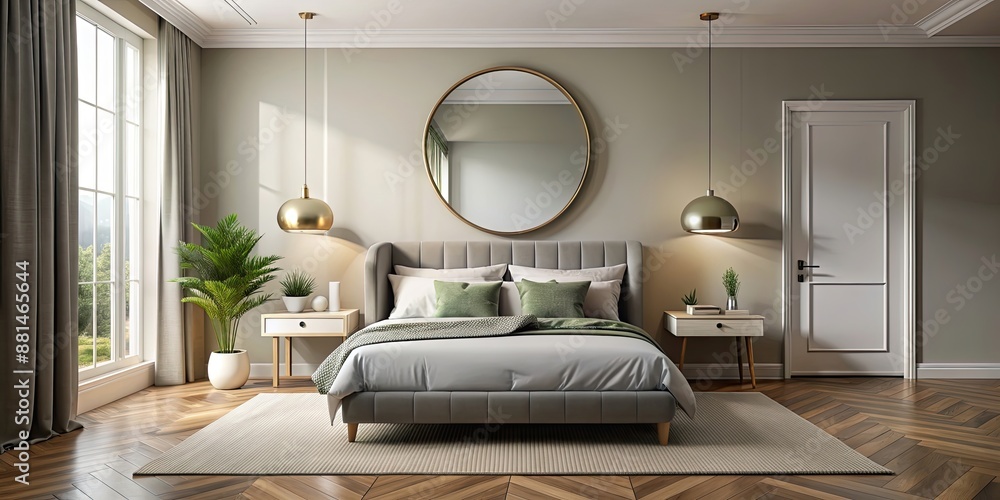 Sticker Pristine bedroom with round mirror reflecting elegant ambiance, bedroom, pristine, high detail, round mirror