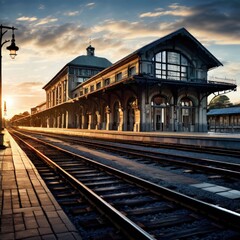 Fototapeta premium the AI Image Generator, picturesque scene of a train at a platform during sunset with warm interior lights and dramatic sky