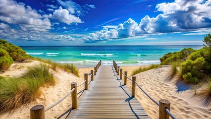 Fototapeta premium Pathway leading to a beautiful sandy beach with crystal blue water, beach, sand, ocean, pathway, nature, vacation, summer