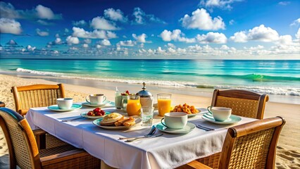 Fototapeta premium Table setting with breakfast on sea beach in Varadero, Cuba , beach, Varadero, Cuba, breakfast, table setting, restaurant, outdoor
