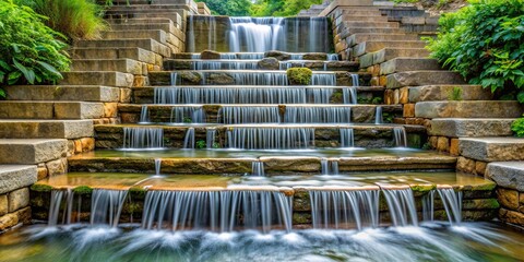 Stone steps cascading down to create an artificial waterfall, stone, steps, cascade, artificial, waterfall, flowing
