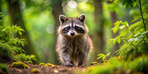 Fototapeta premium Raccoon exploring in the lush forest, wildlife, nature, animal, cute, mammal, furry, woodland, adventure, curious