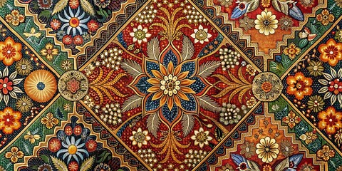 Traditional Indonesian batik patterns featuring intricate floral and geometric designs, batik, Indonesia, fabric