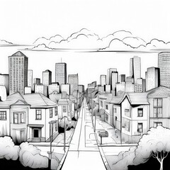 the AI Image Generator, buildings vector illustration in black ink on white background
