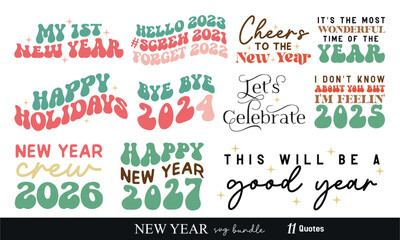 New Year design collection set retro wavy typography lettering text art bundle on white background