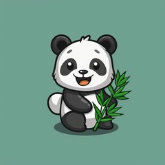 Naklejka premium cute panda logo, simple flat, design with white and black fur, bamboo shape against a green background, minimalist, color blocks