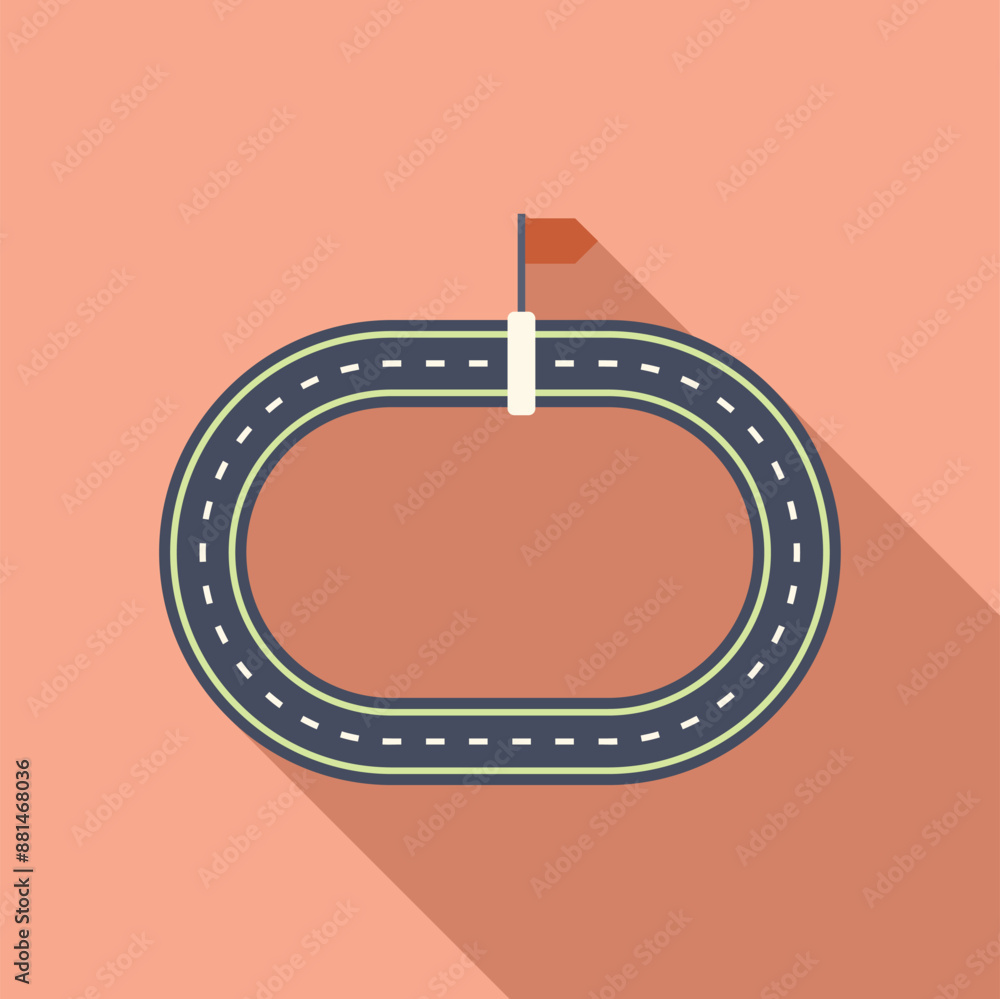 Poster overhead view of an oval race track starting line with checkered flag marking beginning of circuit