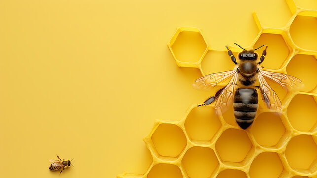 Close-up shot of honeybee working on hive to complete his nest to lay eggs and form honey, Honey bee, bumble bee poster with copy space for text.
