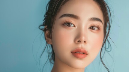 Naklejka premium Asian woman with flawless skin for skincare ad. Diverse models for skincare advertising campaigns.