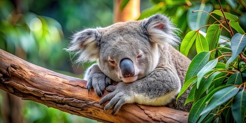 Obraz premium Sleepy koala resting on a eucalyptus branch at the zoo, koala, sleepy, cute, wildlife, animal, tree, eucalyptus, branch, zoo