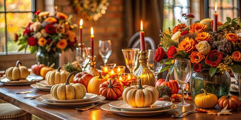Luxurious fall banquet setting with rich florals and pumpkins exuding opulence , Fall, banquet, luxurious, setting, rich