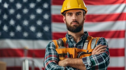 USA workforce, Proud professional with tools and equipment. Ideal for marketing construction services, tools, or workwear.