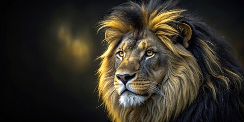 Naklejka premium Majestic black lion with golden lines on its fur, wildlife, predator, majestic, feline, symbol, king of the jungle, regal, powerful