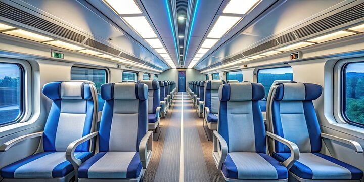 Modern train interior with sleek design and comfortable seating, train, modern, sleek, interior, transportation, travel