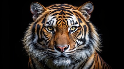 Fototapeta premium Realistic tiger face with intense eyes and striped fur on a black background, tiger, face, realistic, fierce, predator